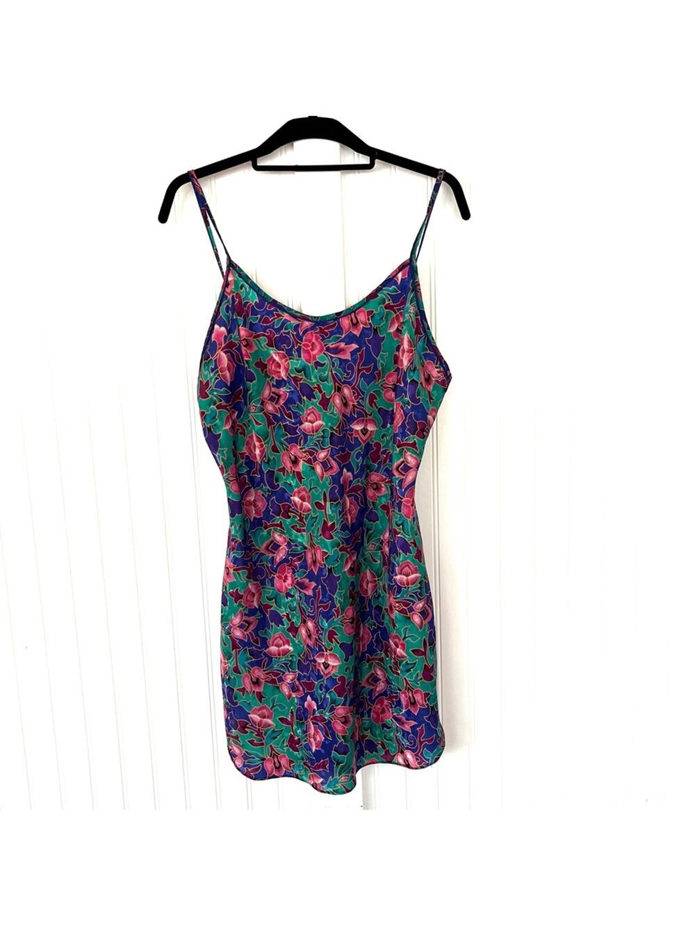 Vintage Floral Lingerie Slip Dress Nightgown Medium Purple Green Pink Silky